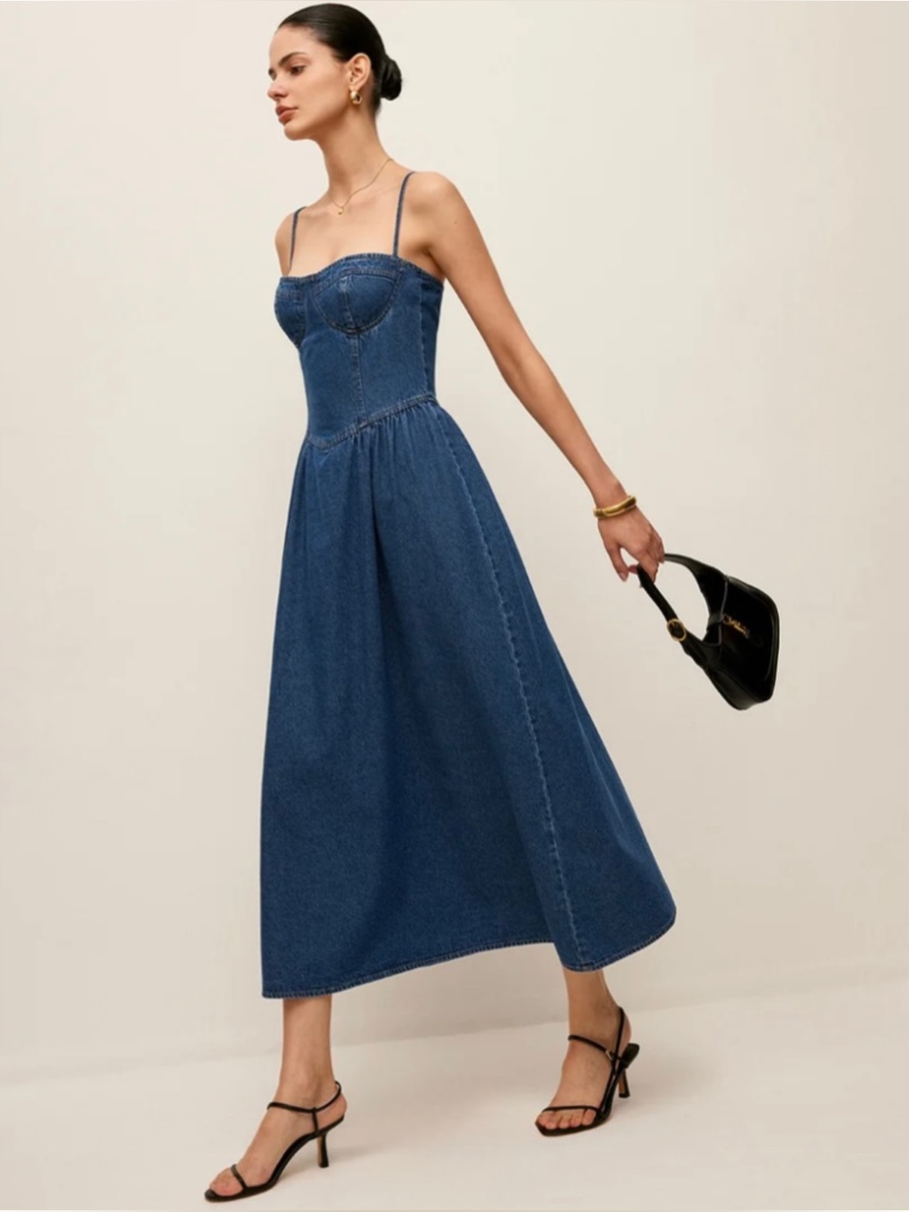 COMMENSE | NWT Sweetheart Collar Denim Midi Dress in Blue, Size Small